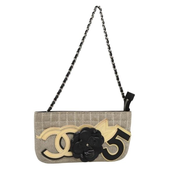 CHANEL Choco Bar Chain Camelia Shoulder Bag Canvas Gray Silver CC Auth 132885 - Picture 1 of 16